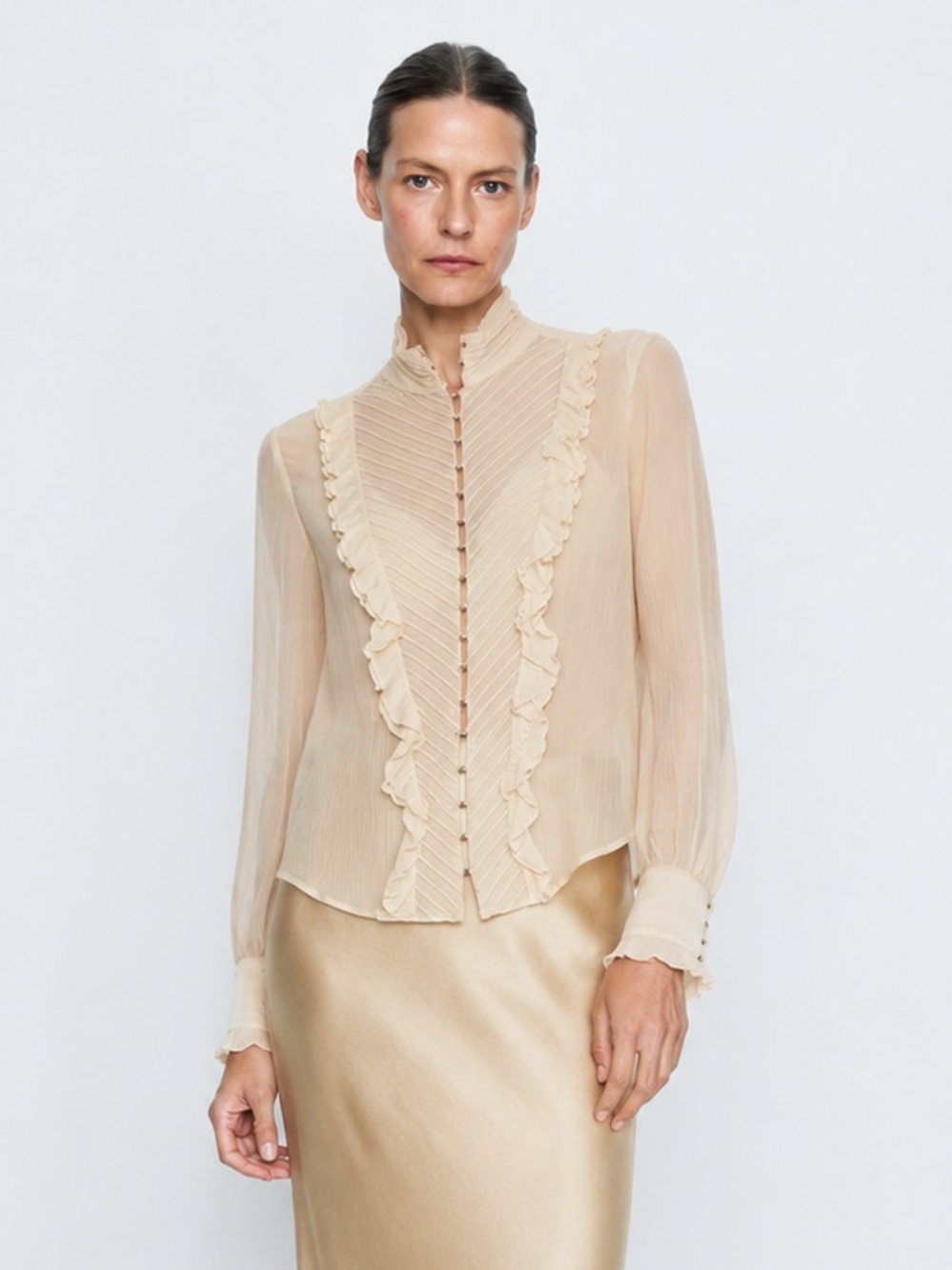 Vintage | Semi-Sheer Silk Ruffle Blouse | Ivory | Size 14